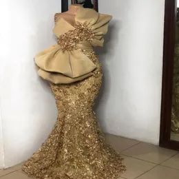 Robe de Soiree de Mariage Gold Mermaid aftonklänningar Big Bow Long Appliqued Pärled African Prom Dress Arabic Vestidos Formes 290b