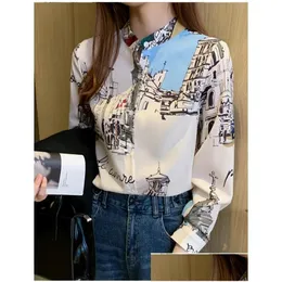 Womens Blouses Shirts Vintage Printed Tops Women Chiffon Long Sleeved Shirt Autumn 2022 Designer Single-Breasted Office Lady Drop Deli Dhdwv