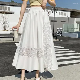 Skirts QOERLIN 3D Rose Hollow Out Women Black White Elastic Waist A-Line Elegant Loose Casual Midi Female Summer Skirt