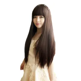 Perucas Woodfestival Long Black Wig com franjas perucas retas marrons para mulheres cabelos pura estrondo cosplay de fibra sintética