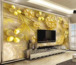 壁紙カスタム3D壁紙壁画ジュエリーフローラルゴールドテレビバックグラウンドウォールラグジュアリーホームデコレー