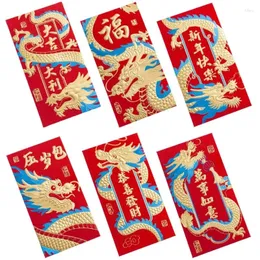 ギフトラップ6pcs中国年の幸運の赤い封筒2024ドラゴンマネーポケット伝統的なエンボスバッグキッド