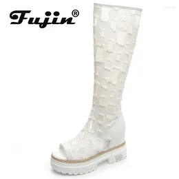 Boots Fujin 10cm Air Mesh Street Knee High Casual Spring Autumn Peep Toe Breathable Modern Platform Wedge Women Lady Shoes
