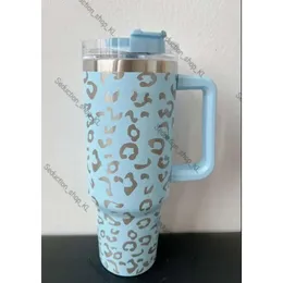 Quencher 40oz Tumbler Tie Dye Light Blue Pink Leopard Handle Lid Straw Beer Stanely Cup Bottle Powder Coating Outdoor Camping Cup Neon White Gg0423 447
