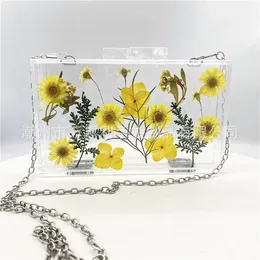 Abendbeutel Custom Processing Design echte Blumen getrocknete Blumen Acryl transparente Kiste geprägte Tasche Kleine Gänseblümchen Frauen Partytasche