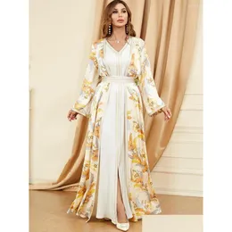 Roupas étnicas Vestido Ramadã Islâmico Kaftan 2 Peças Conjunto mulheres abaya Robe de decote em V Splicing Muslim Dubai Pint Fashion Drop Deliver