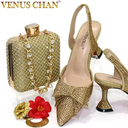 Chan Bridal High Cheels for Women Founding Ene with Bows Gold Color Rhinestone Party Party Shoe and Bag Wit 240423