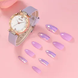 Wristwatches Women Casual Watches Nail Enhancement Set Leather Quartz & Ladies Purple False Tablets Dress Montre Femme