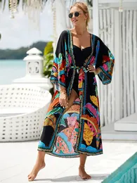 Bohemian bedruckter Gürtel Kimono Plus Größe Batwing Ärmelkleid Sommer Herbst 2023 Frauen Lose Beachwear Badeanzug Sarong Q1 240508