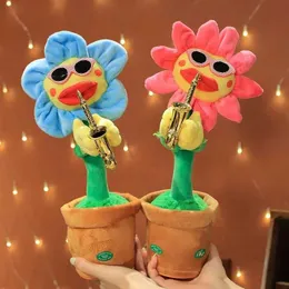 Gefüllte Plüschtiere 35 cm elektrische Sonnenblume Füllung Plüschpuppe Mehrere Songs USB Saxophon Danz Gesang Sonnenblumenspielzeug Fun Childrens Spielzeuggeschenke B240515