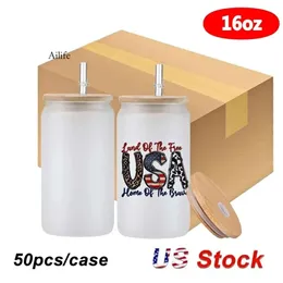 US Warehouse 16Oz Sublimation Clear Frosted Glass Mugs Can Shaped Wine Tumblers With Bamboo Lids And Straws Tail Cups 0515 4.23 0515