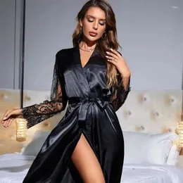 Roupas em casa Pijama sexy Sleepwear Lace Hollow Woman Transparent Cardigan Nighthes Blouse Long Nightgown