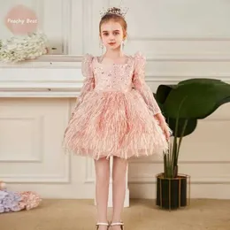 Girl's Dresses Fashionable baby girl princess sequin feather dress with fluffy sleeves for babies toddlers and children. Verstedo party baby clothing 12M-14Y d240515