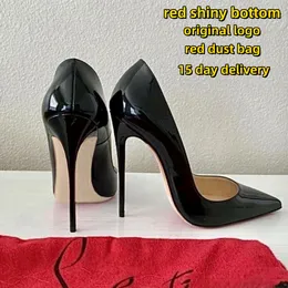 Tasarımcı Kadın Yüksek Topuk Ayakkabı Kırmızı Düz ​​Dipler 6cm 8cm 10cm 12cm İnce Topuklu Siyah Çıplak Patent Deri Kadın Pompalar Toz Torbası 34-44