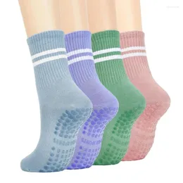 Women Socks 4pairs Anti-skid Yoga Grips Cotton Mid-tube Bottom Breathable Fitness Dance Barre Workout Pilates