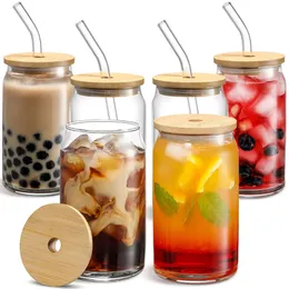 US CA Stock 16oz Glass Can SubliMation Tumbler With Lock och halm Transparent Bubble Tea Cup Juice Beer Can Milk Mocha Cups Breakfast Mug