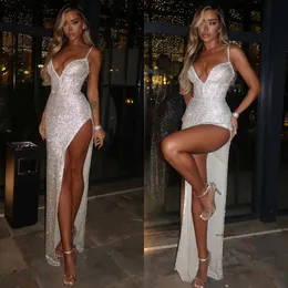 Fabulous White Glitter Prom Dress Pailletten Spaghetti Promdress Evening Elegant Oberschenkel Split Kleider für spezielle OCNS Robe de Soiree 0515