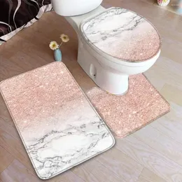 Banyo paspasları gül altın parıltı banyo halıları set 3 parçalı mermer tema yumuşak kaymaz paspas u şeklinde yuvarlak tuvalet zemin halı küvet için