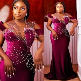 2024 Classic Aso Ebi Prom -klänningar för speciella tillfällen Illusion Promdress Bright Rustrose Velvet Pärled Tulle Crystals Decorated Birthday Reception Dress AM917