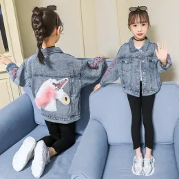 Jackets Fashion Girls Denim Jacket Kids Mangas compridas Unicorn Letter Coat Children Cowboy Outwear