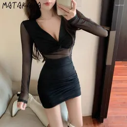 Lässige Kleider Matakawa Frühling Sommer Vestidos Mujer Solid schwarz sexy koreanische Mode Club Frauen gegen Nackennische Langarm Mini Kleid