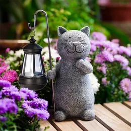 Estátua do jardim solar estatueta de gato com lanterna solar, gato amoroso para pátio, varanda, quintal, presente de inauguração de gramado para decoração de resina à prova d'água de resina