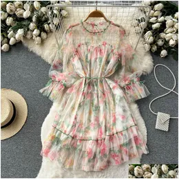 Basic Casual Dresses French Sweet A-Line Dress Women New Fashion Summer Gauze Long Sleeve Lace Beads Elegant Party Vestidos De Fiesta Dhzis