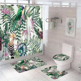 샤워 커튼 열대 정글 잎 앵무새 커튼 세트 동물 얼룩말 코끼리 플라밍고 목욕 매트 카펫 화장실 욕실 장식
