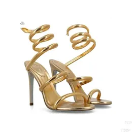 Rene Caovilla Golden Sandals Rownestones Украшенные металлическая кора змея змея Strass Stiletto Sandals Sandal