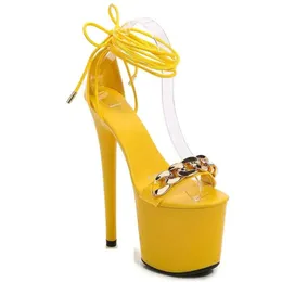 20 cm Sandaler Platform Shoes Women Gladiator Chain Läder Ladies Nightcubs Fun Female Summer High-Heeled E3E4