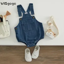 Overalls Visgogo Jungen und Mädchen Denim Jumpsuit mit Taschen ärmellose Overallknöpfe Jeans Sommer Wear D240515