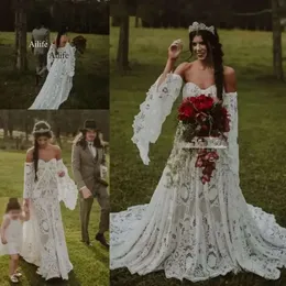 Vintage Häkelspitze Boho Hochzeitskleider mit Langarm 2022 Off Schulter Landschaft Bohemian Celtic Hippie Braut Kleider Robe 0515