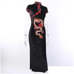 Grundläggande casual klänningar kinesiska stativ krage gotisk klänning embrowery drake qipao svart röd vintage kvällsfest lång mantel cheongsam y d dhynl