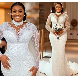 Plus Size Arabisch ASO EBI Sheer Neck Meerjungfrau Hochzeitskleid Langarm sexy Brautkleider Kleider Mitte gemacht 0515