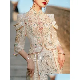 Ubranie etniczne vintage frezowanie frędzle cheongsam nowoczesna chińska sukienka ślubna Kobiety orientalne eleganckie błyszczące cekiny szampana qi p dhov4