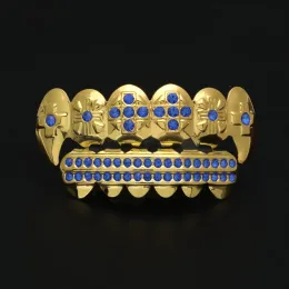 Grills New Gold Plated Iced Out Blue CZ Rhinestone Hip Hop Teeth For Mouth GRILLZ Caps Top & Bottom Grill Set Vampire teeth Jewelry