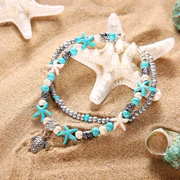 Böhmen Meeresschildkröte Perlen Fußkettchen für Frauen Mädchen Vintage Multi-Layer Seestarfish Muschel Verstellbares Knöchelarmband Beach Schmuck Geschenk