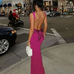 선택한 뜨거운 판매 새로운 섹시한 등이없는 슬림 한 슬림 한 슬림 피치 워크 보우 랩 랩 엉덩이 여성을위한 긴 드레스 F51533