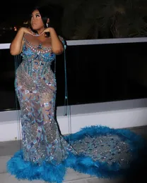 2024 Árabe Aso Ebi Blue Mermaid Prom Vestidos