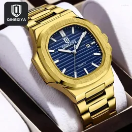 Relógios de pulso Qingxiya Fashion Square Dial Dial Watch For Men Gold Gold Aço inoxidável à prova d'água Calendário de luxo masculino de luxo