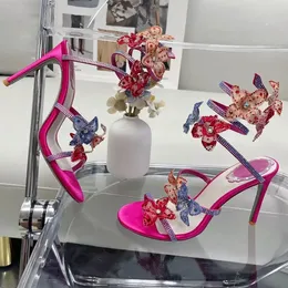 Fuchsia Flower Sandals Renecaovilla Serpentine 9.5CM high heeled shoe designers Crystal Rhinestone decoration stiletto Heel women Rome Sandal with factory box