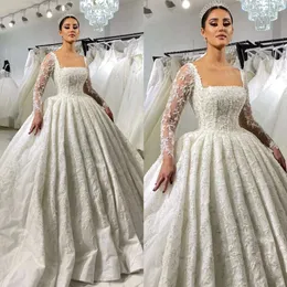 Abito da sposa abito da sposa per abiti da ballo in pizzo splendido per le maniche lunghe abiti da sposa fulllace Dubai Sweep Trein Ruffle Arabic Arabico Abiti da sposa 0515