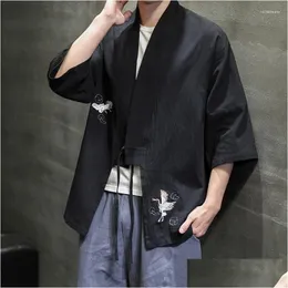 Etniska kläder 2023 Summer Chinese Style Linen Jacket Hanfu Men Costume Loose Cotton Retro Kimono Cardigan Robe Man 30707 Dro Dhnq8