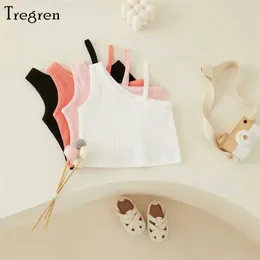 T-shirts Trecren 2-8 Summer Little Girl Tank Top with Cute Kids Style Solid Color Slitted Shoulder Sleeveless Casual Topl2405