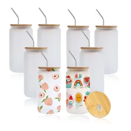 US Ca Warehouse sublimação em branco latas de vidro caneca de cops com tampas de bambu e canudos bebendo potes para suco