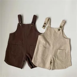 Overalls Neue Sommerjungen und Mädchen Retro -Baumwoll -Leinen Top Baby Tasche Casual Solid Suspension Hosen Childrens Einfacher Voll -Match -Hosen D240515