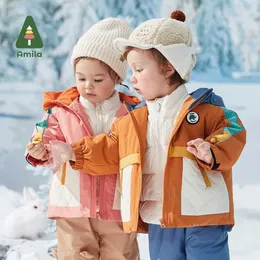 Танцевальная одежда Amila Baby Down Jacket 2022 Winter New Boys Fashion Fashion Packwork с капюшоном теплое пальто три в одном с карманами детская одежда