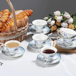 21 -częściowy kwiatowy zestaw porcelanowy British Cup and Saucer for 6 Party Women Blue Roses 240508