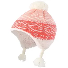 Connectyle Toddler neonati bambine alla moda sherpa foderato kint kids jacquard cappello caldo con auricolare inverno 240430