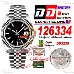 DDF Sadece 126334 A3235 Otomatik Erkekler İzle 41 Yivli Çerçeve Siyah Kadran Sopa İşaretleri 904L Oystersteel Bilezik Süper Edition Aynı Serisi Kart Puretime A1